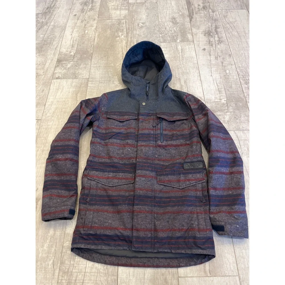 Burton Mens Striped Snowboard‎ Jacket Hooded Blue Red Outerwear Small